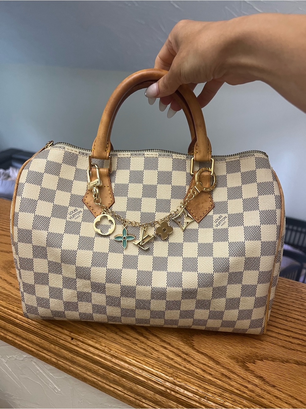 Louis Vuitton Damier Azur Speedy 30 Satchel in Cream and Tan Leather